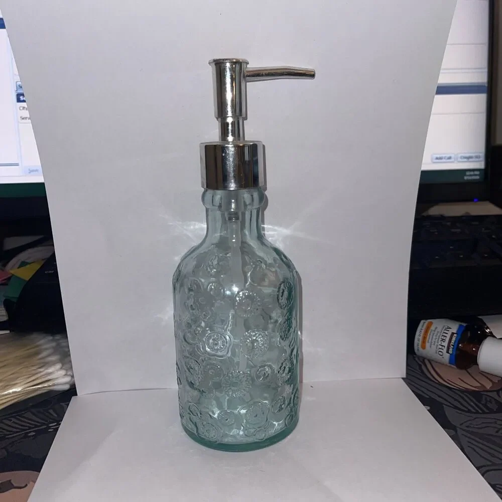 Glass Soap Dispenser 8 in Floral Pattern Clear
